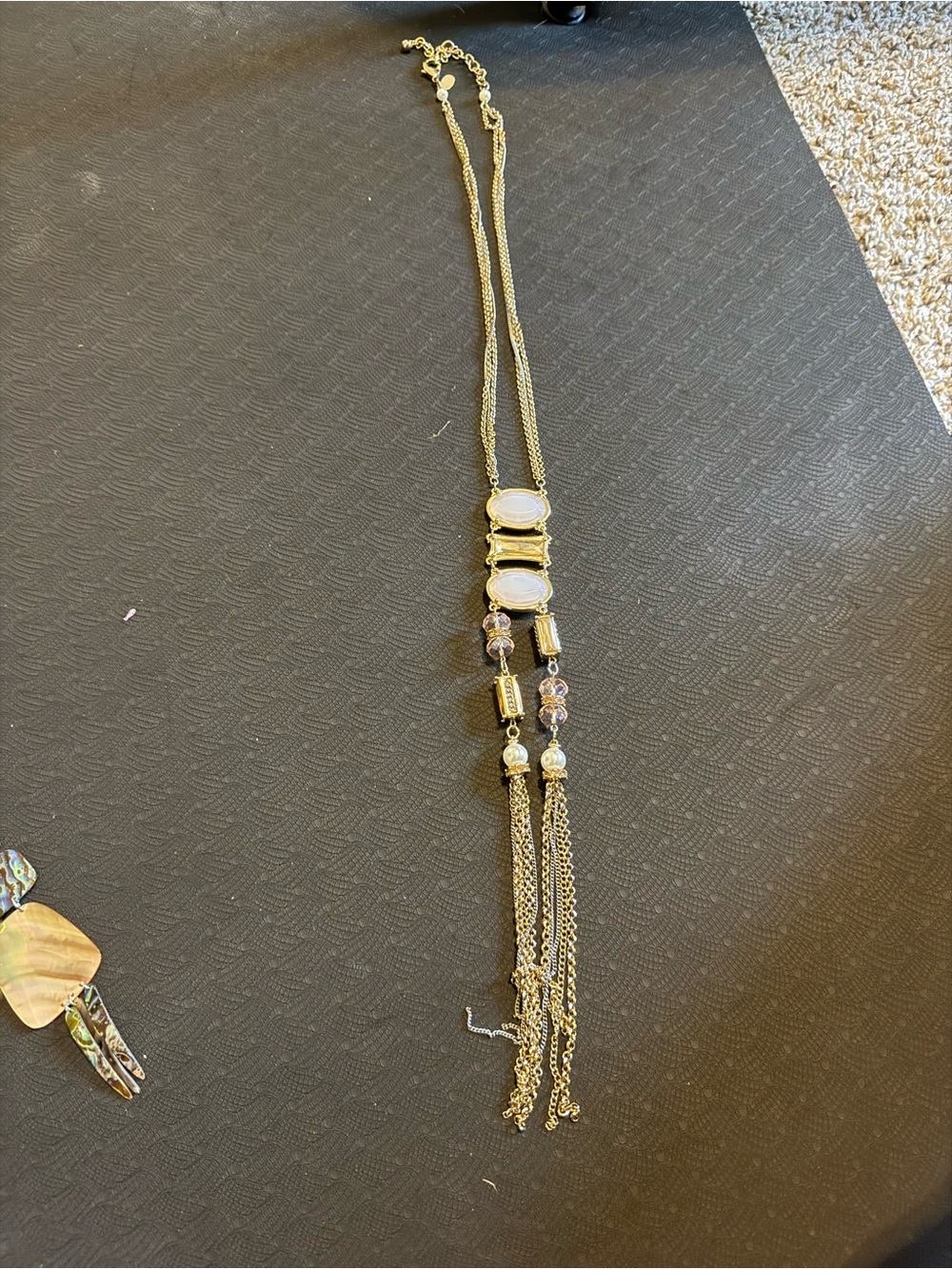 Gold Tone Long Pendant Necklace with White Stone Accents 14